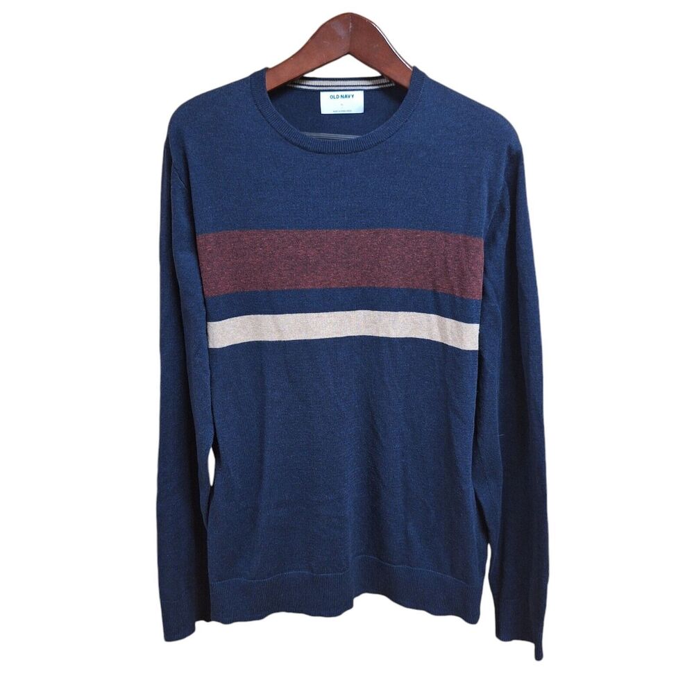 Old Navy Men's XL Sweater Long Sleeve Crew Neck Navy Blue w/Stripes Preppy